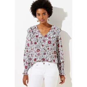 LOFT Women’s Tapestry Smocked Ruffle Blouse Size Medium
